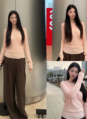 【Wild leek~】韩系甜美粉色V领长袖针织衫女秋季修身显瘦上衣