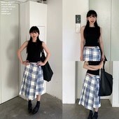 laugh 新款 out loud 蓝色格子半身裙夏季 一片式 学院风百褶裙