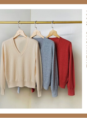 【可乐优选】【她梵】100%山羊绒V领烫钻长袖打底衫 TC2325