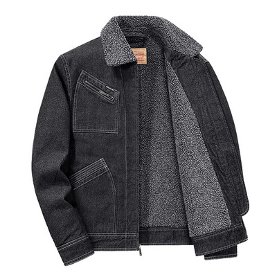秋冬季新款高档潮牌男士翻领毛领牛仔外套时尚加绒加厚品质感夹克