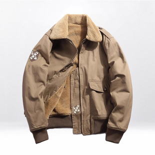 棉衣工装 高端加绒男士 棉袄外套毛领加厚纯色飞行员棉服男 新款 冬季