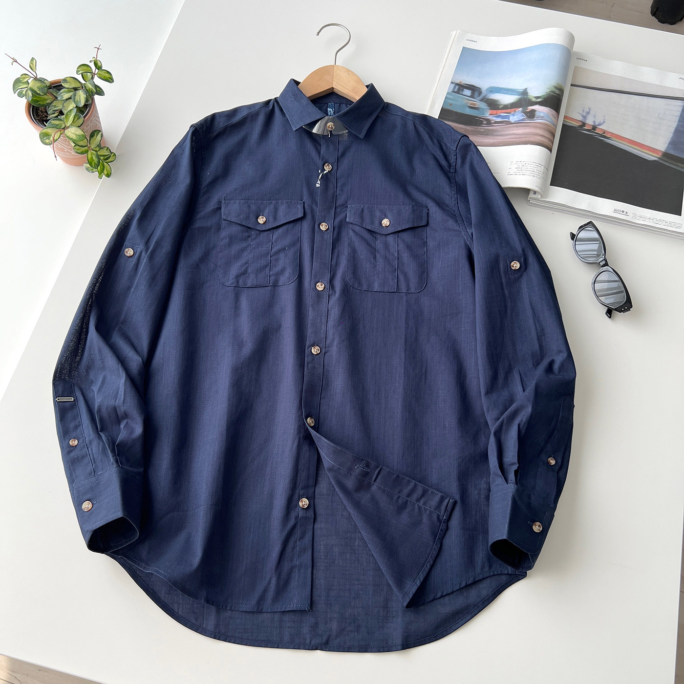 外贸加州订单 美式复古休闲全棉长袖透气薄款牛仔色衬衫可长短袖