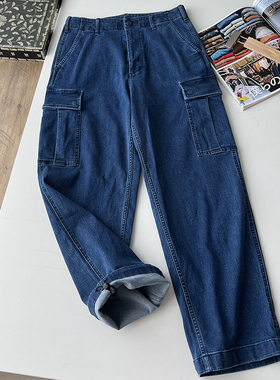北野U家！日系复古时髦工装大口袋宽松直筒水洗柔软牛仔裤BY71600