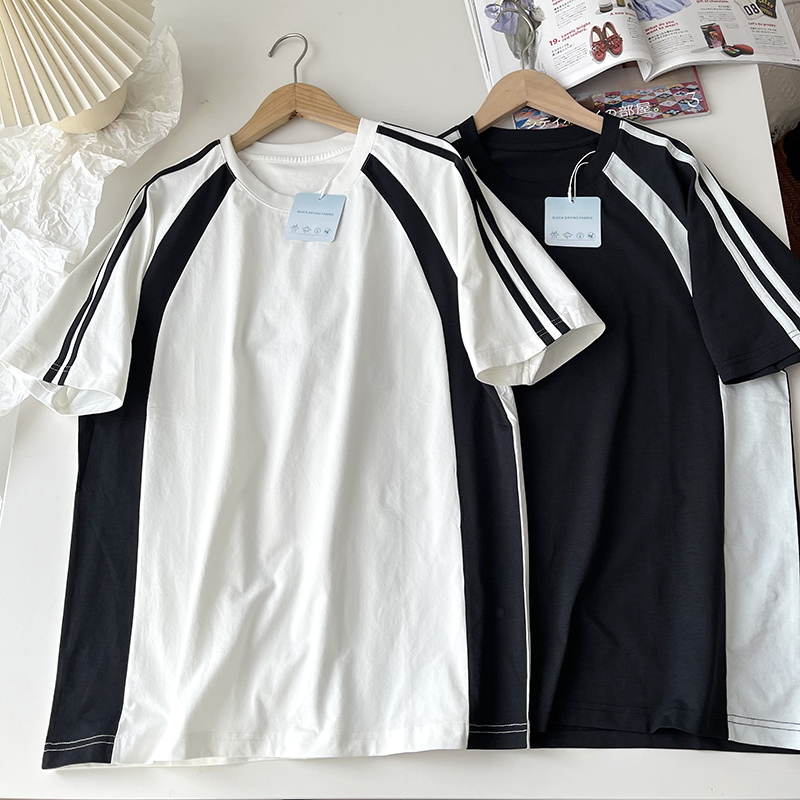 美式休闲 拼接撞色 夏季男士宽松百搭圆领短袖速干运动T恤