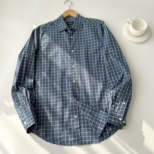 衬衫 外贸欧美单 通勤休闲水洗柔软纯棉长袖 男士 色织蓝色格纹