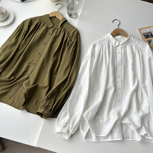 北野U家柔软棉混纺抽褶衬衫