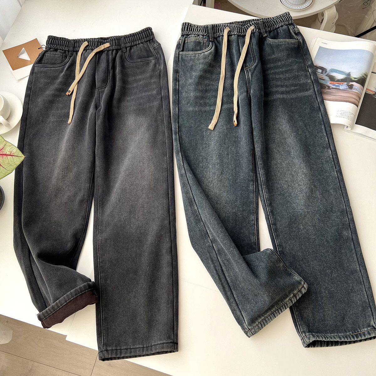 复古磨白  秋冬男士复古水洗亲肤舒适加绒加厚保暖直筒牛仔裤