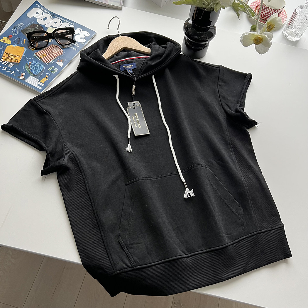 美式复古休闲风 男士水洗纯棉宽松廓版连帽短袖叠穿套头运动卫衣