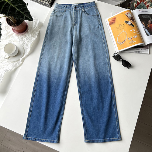 复古蓝渐变色 女款水洗牛仔舒适微弹力高腰直筒阔腿裤