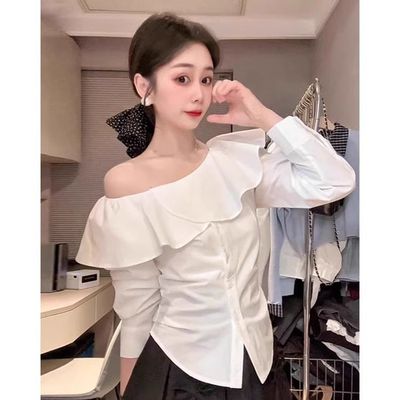 露肩白色一字领通勤长袖夏季