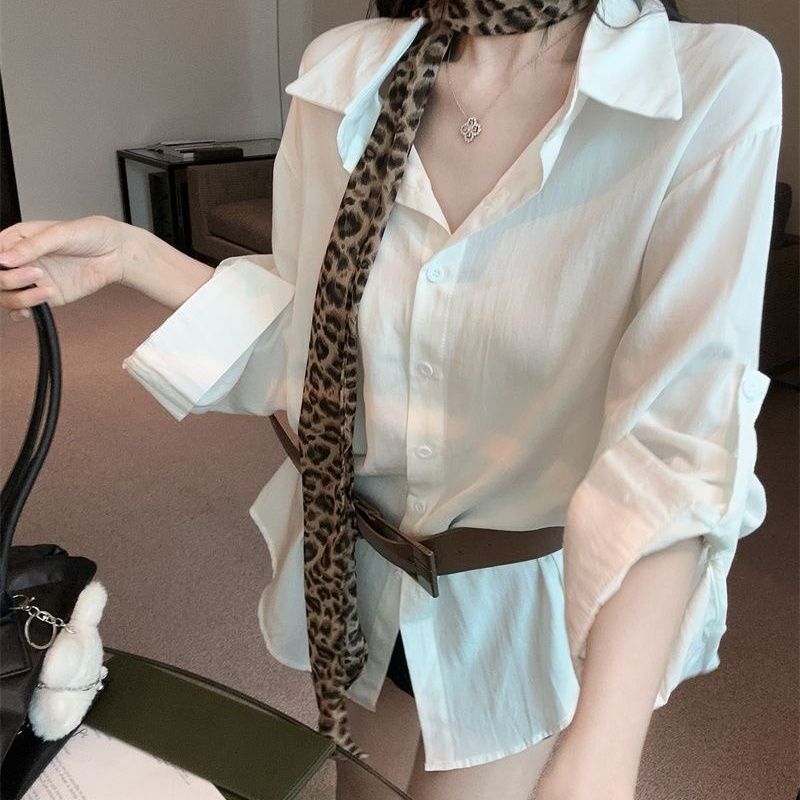 豹纹领带薄款纯色配腰带衬衫女