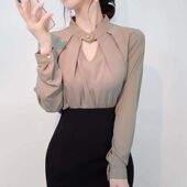 气质职业简约百搭别致小衫 法式 新款 女春秋季 上衣 镂空挂脖通勤衬衫