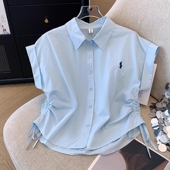 气质不规则开衫 女夏季 上衣 衬衫 港味甜酷抽绳设计感刺绣polo领短袖