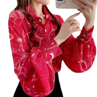 印花雪纺灯笼袖防晒衬衫女夏季2025年新款韩版设计感小众宽松上衣