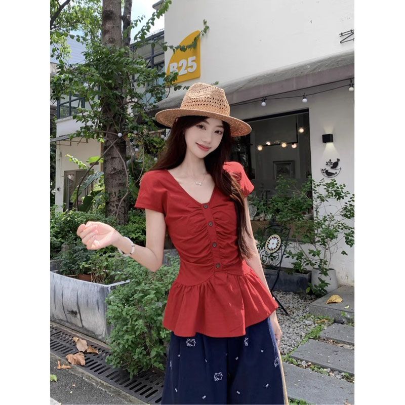 V领时尚褶皱短袖衬衫女i