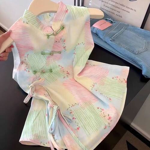 新中式温婉印花绑带立领无袖衬衫