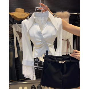 女 收腰设计褶皱纯色衬衫 ins轻熟风斜领排扣拼接蕾丝边七分袖 修身
