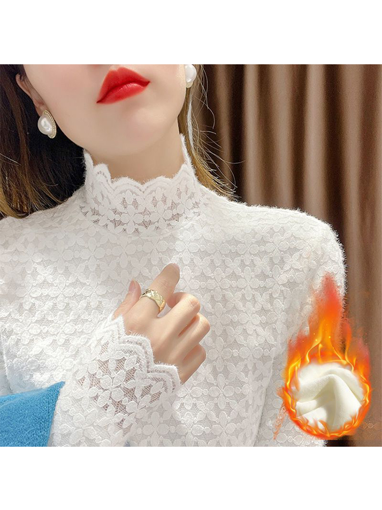 洋气半高领提花打底衫毛衣女秋冬季新款加绒加厚保暖网纱蕾丝上衣