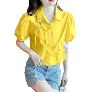 法式雪纺泡泡袖衬衫女夏季新款洋气设计感小心机抽绳镂空短袖上衣