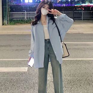 纯棉蓝色通勤简约衬衫女春秋季新款宽松慵懒风时尚高级感外套上衣