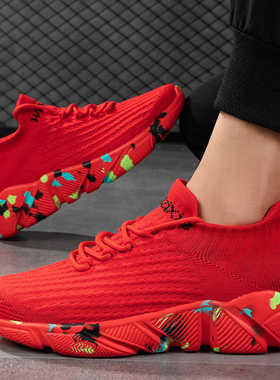 37小码38飞织网面袜子鞋中国红色45码46运动跑步鞋47特大码小红鞋