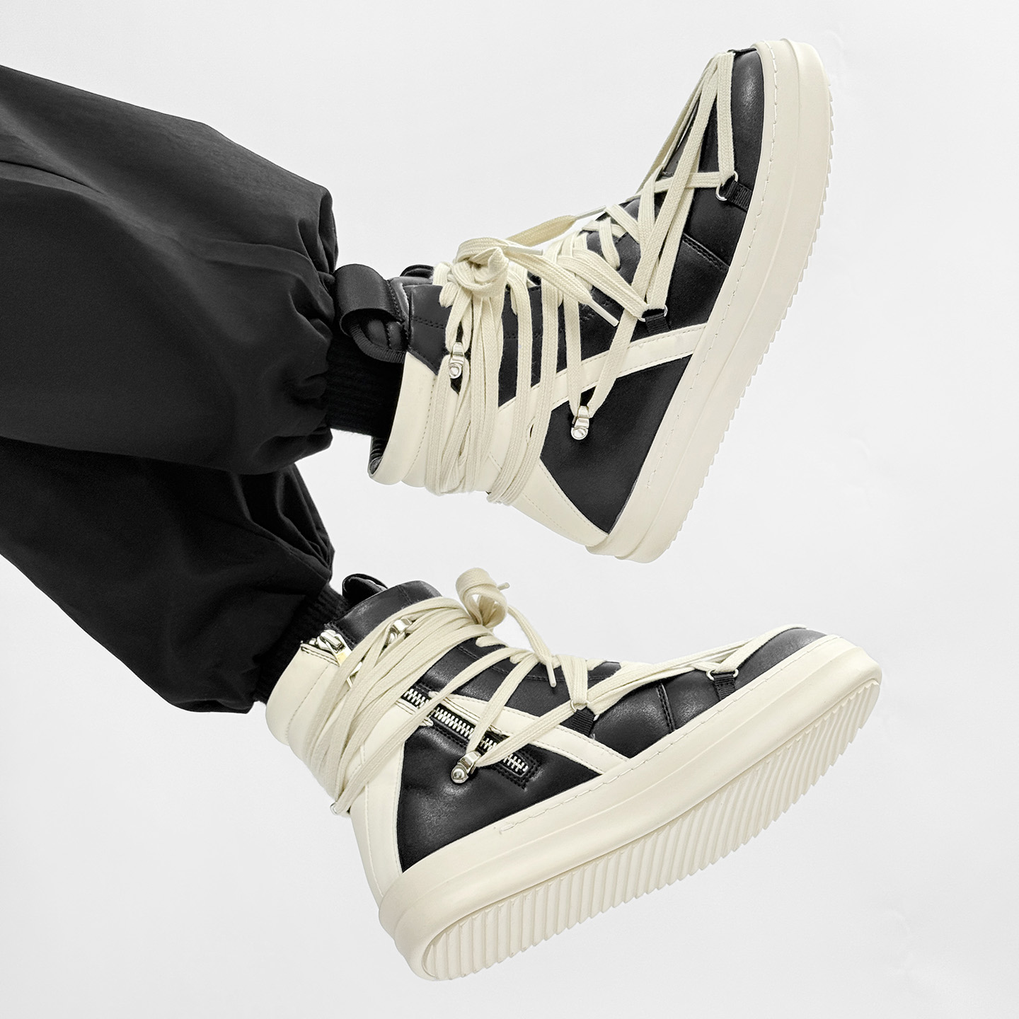 欧洲站高邦鞋男厚底高帮板鞋潮牌拉链增高机车德比靴欧美明星马靴