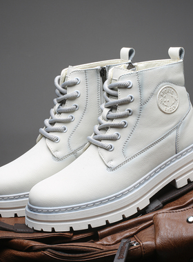 白色真皮马丁靴男秋冬季加绒保暖高帮工装靴英伦风增高侧拉链皮靴