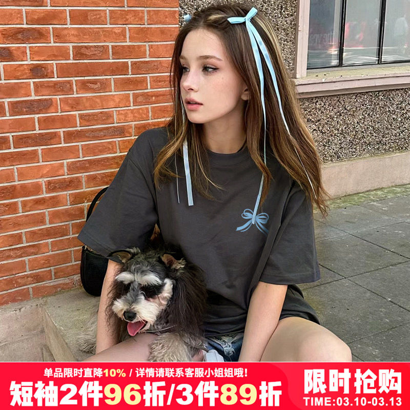 2026春夏新款vintage美式盐系甜酷深灰色正肩纯棉短袖t恤女内搭潮