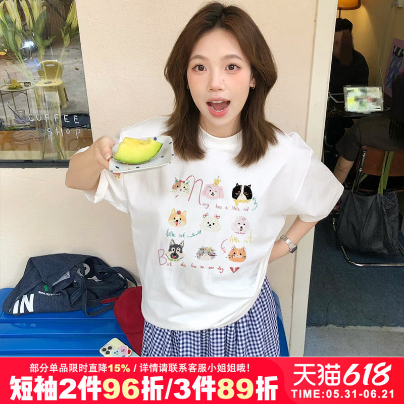 韩系ins风小众卡通猫咪狗狗印花小个子正肩纯棉白色短袖t恤上衣夏