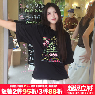 t恤女chic小众半袖 oversize慵懒风黑色显瘦休闲设计感印花短袖 夏