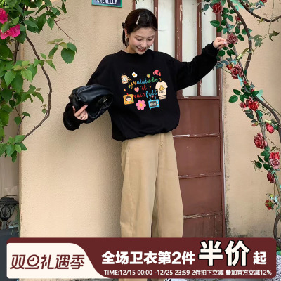 美式复古黑色无帽卫衣女