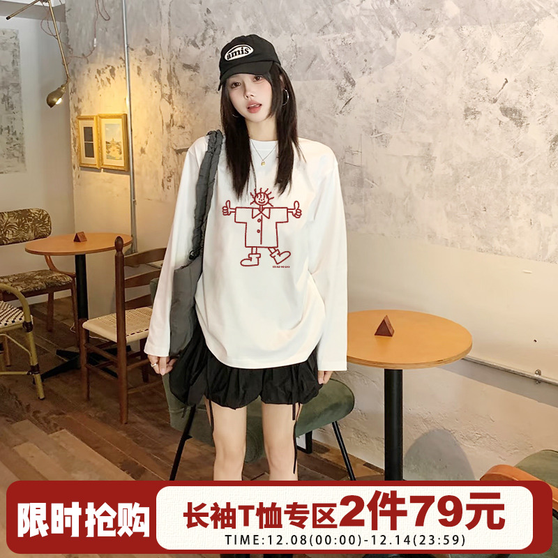 初秋新款复古纯棉长袖t恤女