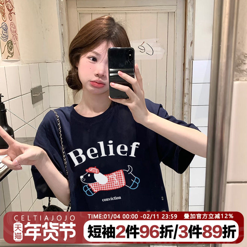 2025夏季新款ulzzang小众复古格子腊肠狗印花藏蓝色短袖t恤上衣女