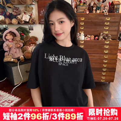 vibe宽松甜酷小众设计感字母印花复古美式重磅黑色短袖t恤上衣女