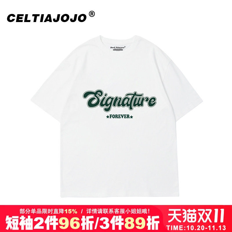 vintage美式宽松正肩上衣短袖t恤bf风大码外贸纯棉圆领内搭情侣潮