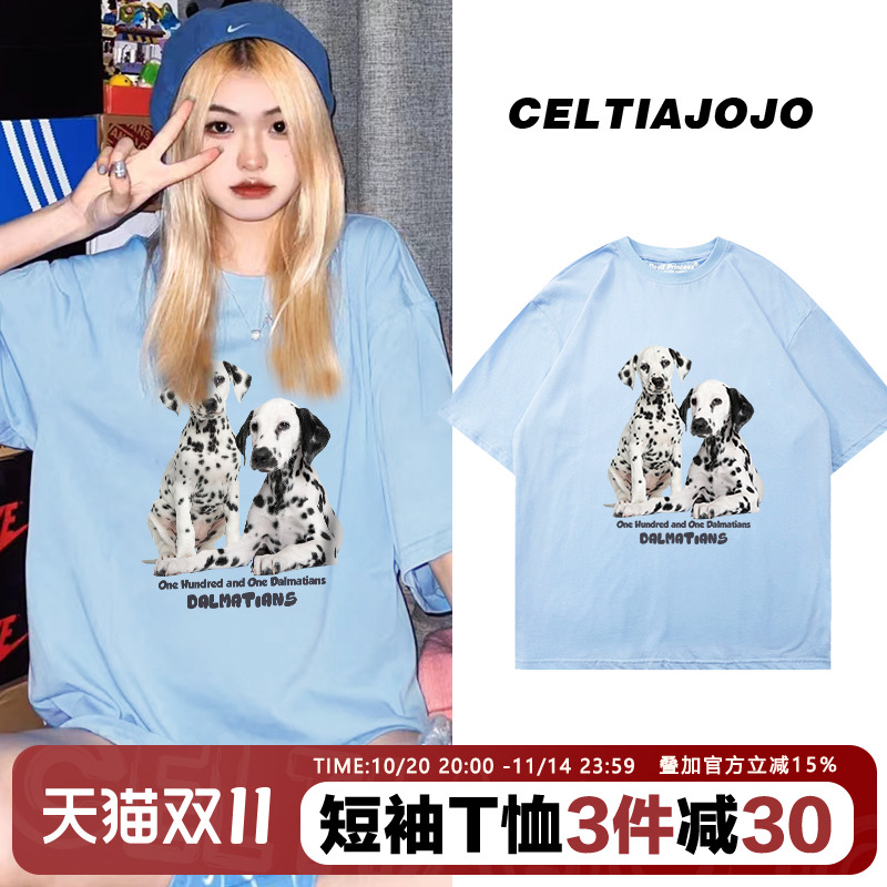chic小众狗狗印花设计感短袖T恤bf风宽松奶蓝色显白甜酷少女感夏