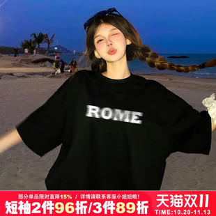 vintage宽松设计感字母印花黑色短袖t恤bf风男女款情侣装半袖上衣
