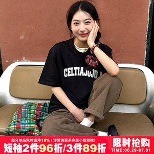 chic复古小众简约设计感字母印花短袖t恤衫女oversize慵懒风内搭