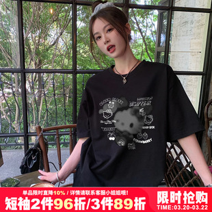 盐系chic宽松甜酷设计感卡通猫印花黑色短袖t恤女oversize春夏新