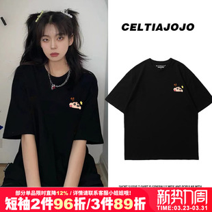 打底衫 chic宽松小新卡通印花纯棉短袖 t恤ulzzang别致正肩重磅半袖