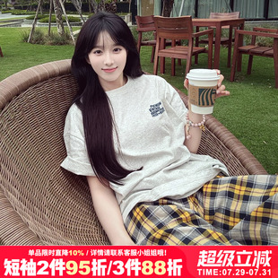 t恤上衣女夏 小众慵懒风复古chic小个子简约字母印花灰色纯棉短袖