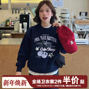 vintage宽松复古美式 上衣 学院风加绒加厚藏蓝圆领卫衣女2025新款