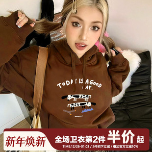 上衣 女早秋ins薄款 美式 学院风vintage腊肠狗狗咖啡色连帽卫衣帽衫