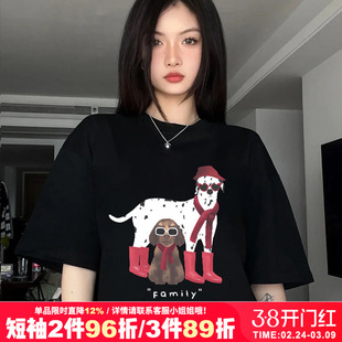 美式复古小众设计感ins潮牌黑色正肩短袖t恤女宽松大码纯棉半袖夏