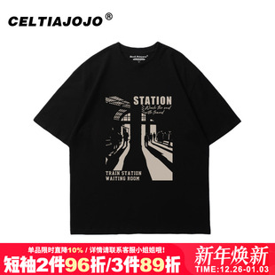 t恤上衣夏 黑色短袖 vintage街头潮牌大码 设计感小众复古bf风情侣装