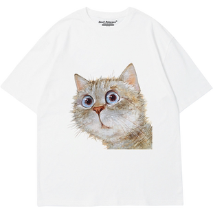 复古chic港风设计感小众学院风猫咪印花短袖t恤女oversize大码夏