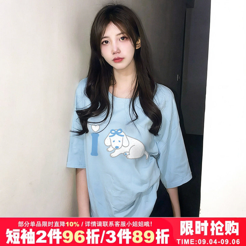 2026春夏新款甜美风奶蓝色短袖t恤女小众狗狗印花纯棉正肩上衣潮