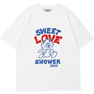 chic港风甜酷卡通猫咪灰色短袖T恤女oversize大码下衣失踪韩版夏