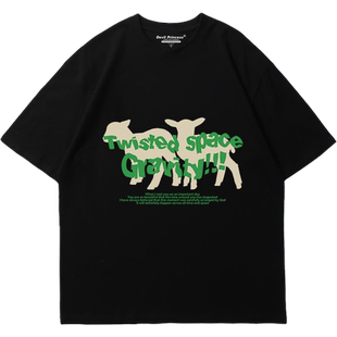 vibe宽松街头复古风设计感小羊印花短袖t恤女2025新款夏季上衣潮