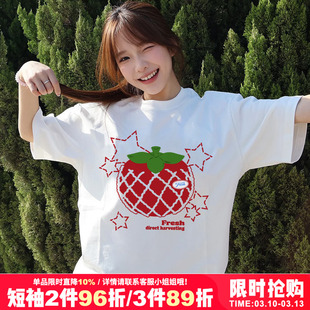 韩系ins风正肩小众复古卡通印花白色短袖t恤女chic小个子半袖上衣